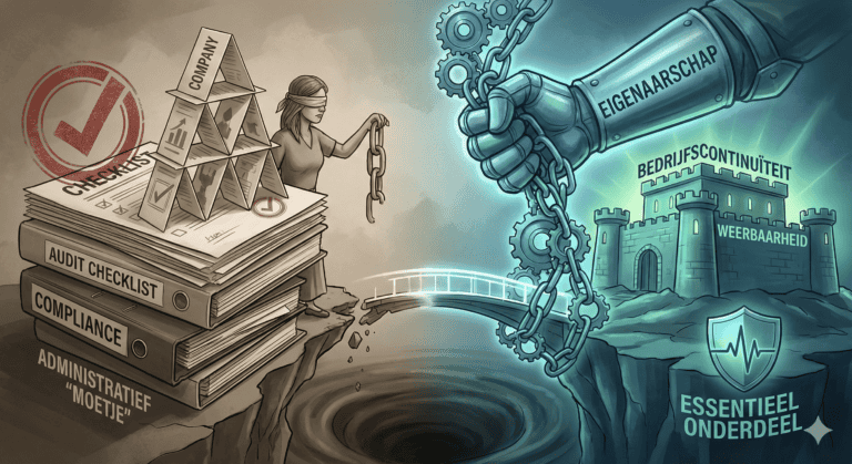 Illustratie die een instortend kaartenhuis op een stapel papieren gelabeld "Administratief 'Moetje'" aan de ene kant van een afgrond toont, en een sterke, verlichte vesting met de labels "Eigenaarschap", "Bedrijfscontinuïteit" en "Weerbaarheid" aan de andere kant, verbonden door een brekende brug.
