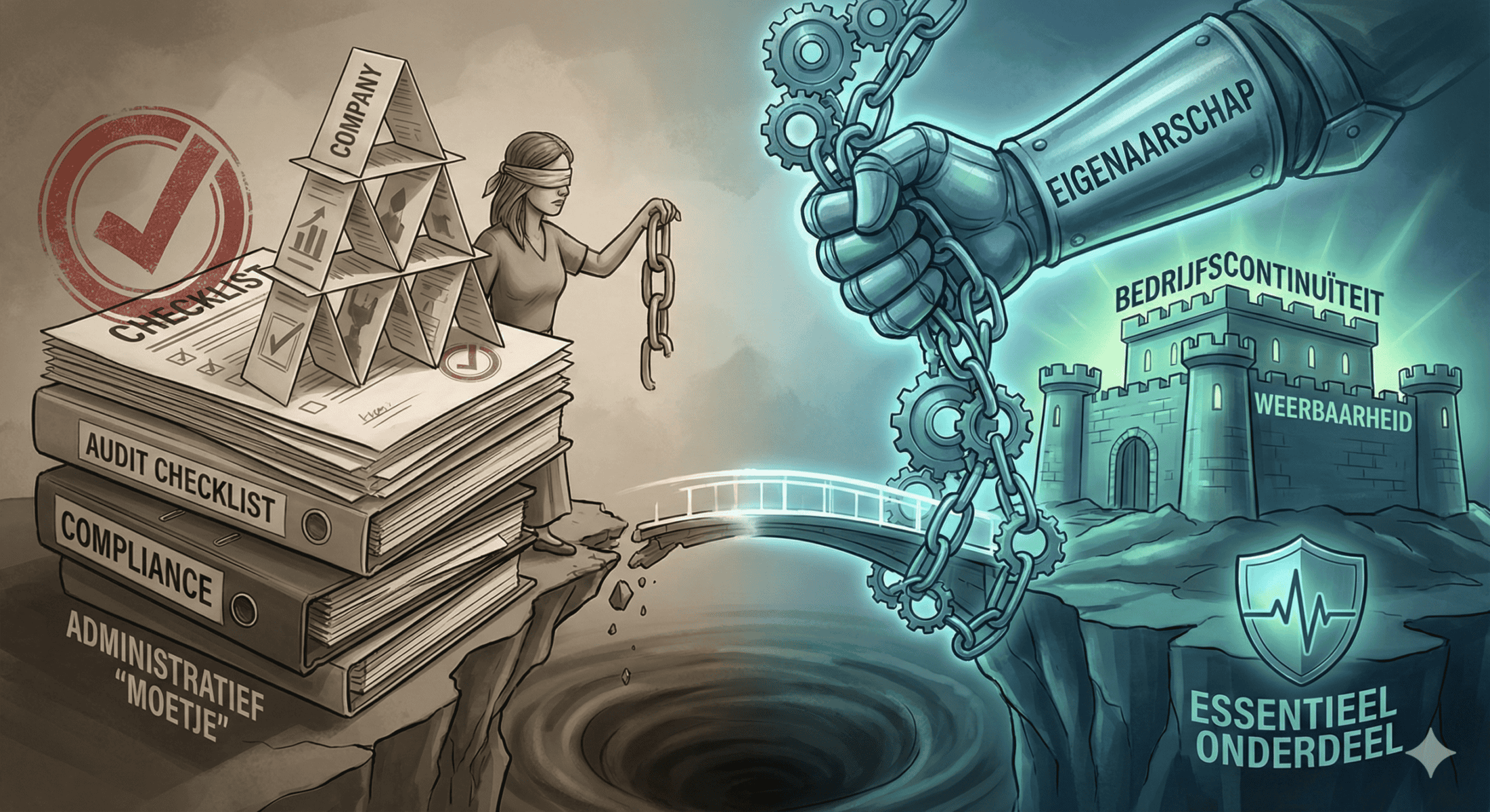Illustratie die een instortend kaartenhuis op een stapel papieren gelabeld "Administratief 'Moetje'" aan de ene kant van een afgrond toont, en een sterke, verlichte vesting met de labels "Eigenaarschap", "Bedrijfscontinuïteit" en "Weerbaarheid" aan de andere kant, verbonden door een brekende brug.